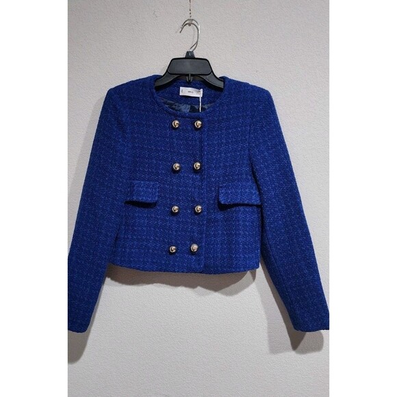 NWT Mango Double Breasted Blue/ Black Crop Tweed Jacket Size Small